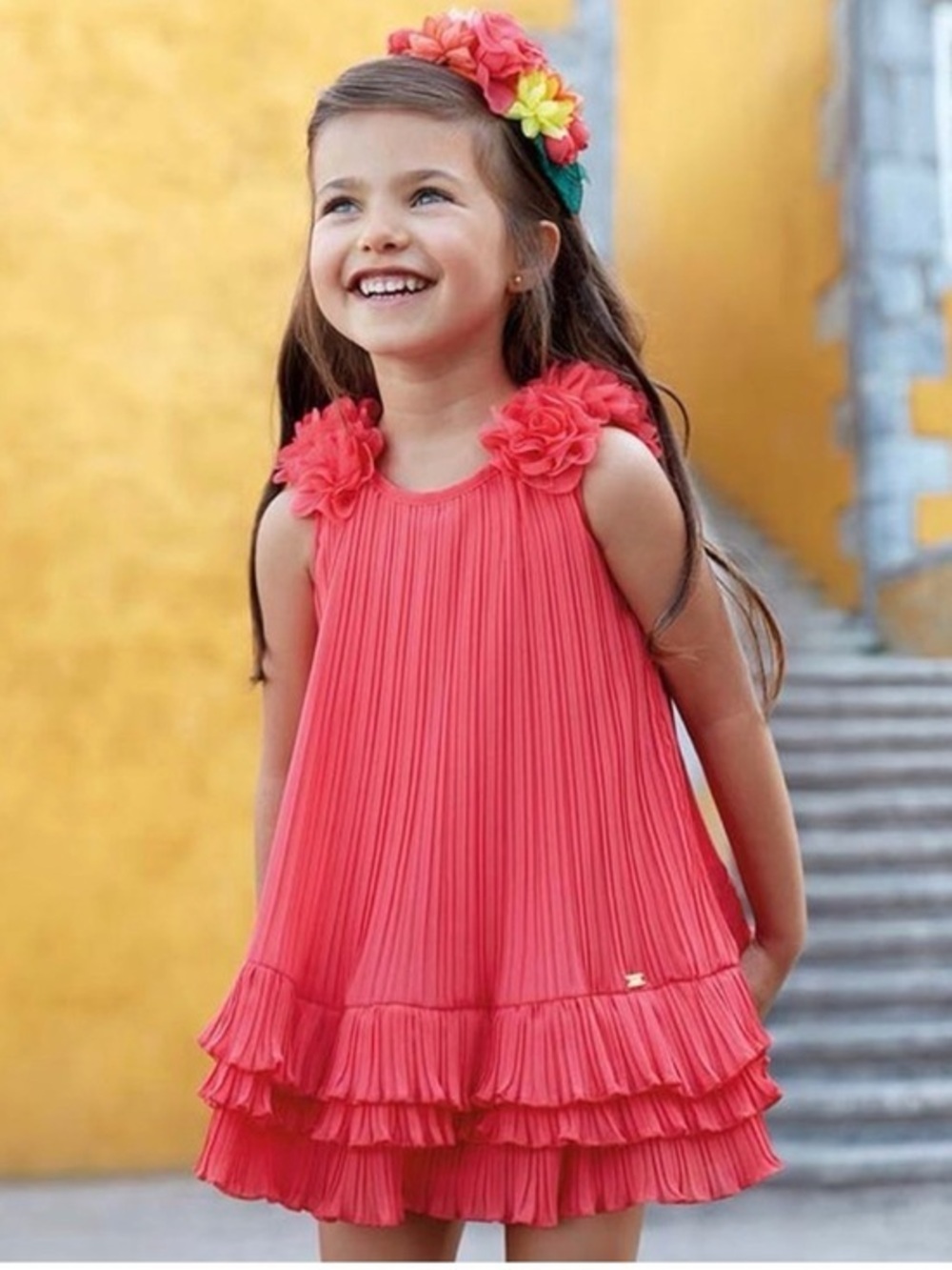 Mayoral Coral Pink Ruffled Pleated Girls Dress 2 T
